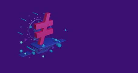 Poster - Pink not equal symbol on a pedestal of abstract geometric shapes floating in the air. Abstract concept art with flying shapes on the left. 3d illustration on deep purple background