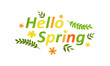 © Mouse family - Hello Spring lettering inscription with flowers and leaves on white background. Vector illustration