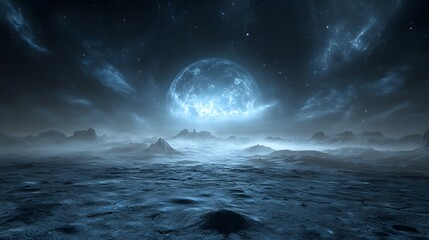 Poster - A majestic moon suspended in the night sky overlooking an otherworldly alien landscape full of intrigue and wonder