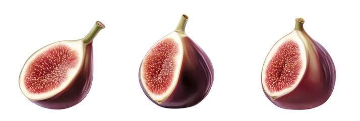 Poster - Figs Displayed in Three Stages of Cut Open, Revealing Juicy Red Flesh and Seeds, Highlighting Texture and Color, isolated on transparent background, png