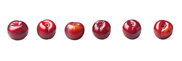Poster - Red plums showcasing various shapes and textures, highlighting natural imperfections and freshness, isolated on transparent background, png