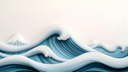 Fototapete - Blue and White Paper Wave Art with Mountain Peaks