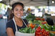 © Milos - A joyful young woman smiles while holding a basket of fresh produce, encapsulating the essence of healthy living and community engagement in a vibrant market setting.
