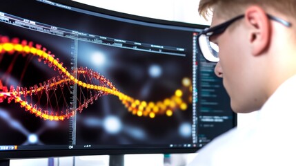 Poster - Young male computational biologist analyzes DNA patterns using advanced technology in a lab setting
