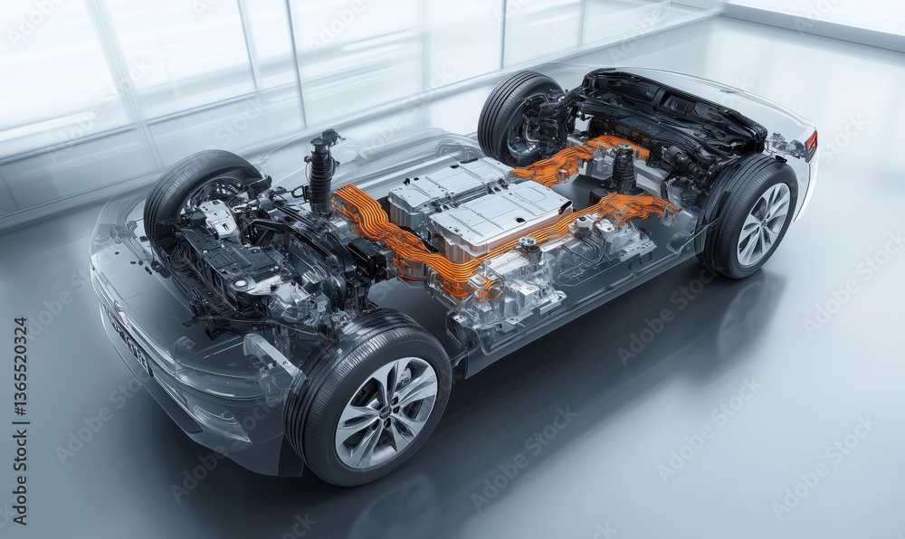 Electric vehicle powertrain components, showcasing battery, electric ...