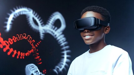 Poster - Young Black male bioengineer engages with augmented reality in a futuristic research environment