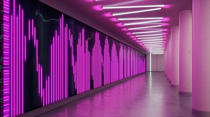 Poster - Pink and Purple Neon Lit Corridor with Abstract Cityscape Wall Art