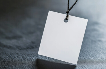 Poster - A close up of a white tag hanging by a black string against a textured gray surface background