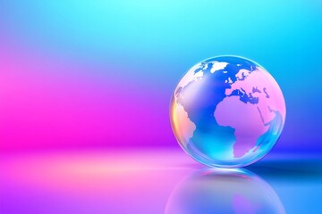 glowing globe on vibrant background, translucent world map with colorful hues representing technolog