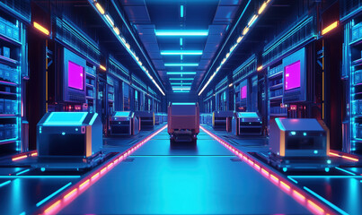 Poster - Futuristic warehouse with automated carts and neon lights, showcasing advanced technology and organized storage systems