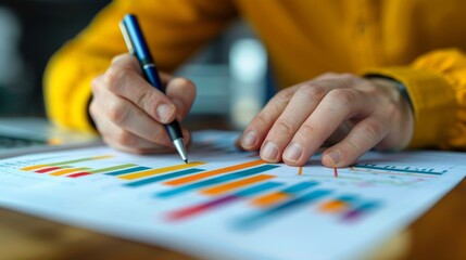 Poster - Hands analyzing data trends with colored charts and graphs to drive business decisions and insights effectively