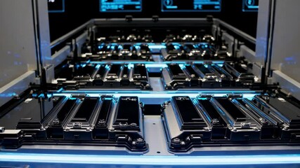 Rhythmic blue light pulses across rows of advanced battery cells arranged within a high tech facility, suggesting a synchronized charging or testing process