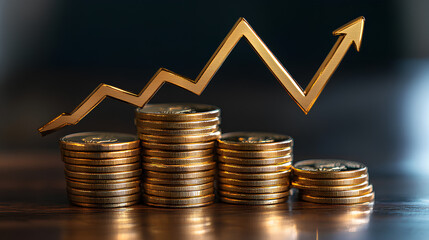 Poster - financial growth 3d concept with gold coins, up arrow, and wealth for investment success