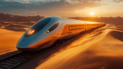 Poster - A sleek, high speed train moves effortlessly along railway tracks in a sandy desert environment as the sun sets, highlighting modern transportation innovation and mobility solutions.