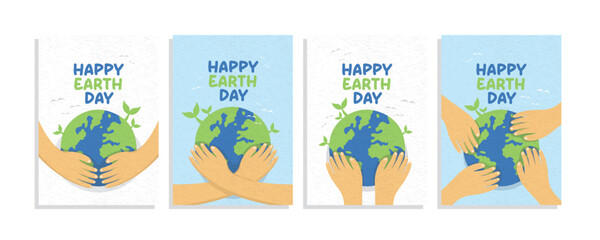  Hand supporting the globe of planet earth Happy Earth Day poster illustration set for print design banner card template layout background flyer promotion page social media post