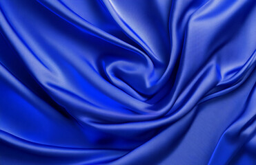Poster - Close up view of a vibrant blue satin fabric with elegant folds and soft light reflections creating depth