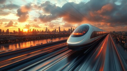 Poster - A futuristic maglev train speeds along elevated tracks as the sun sets, casting vibrant reflections on the water and illuminating the city skyline.