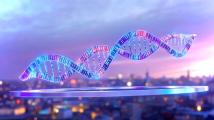 Poster - Futuristic visualization of genetic technology featuring a digital DNA strand at sunset