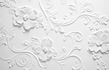 Poster - White floral embossed pattern with swirling leaves and flower designs on a textured background