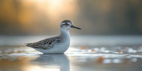 Poster - Shorebird wades gracefully in calm waters during a serene sunset at a tranquil wetland location