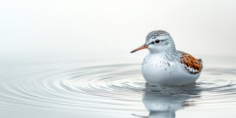 Poster - Small bird wades in calm water, creating ripples in serene environment during early morning light