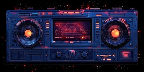 Poster - Retro futuristic boombox depicting vibrant colors and glowing displays against a cosmic background