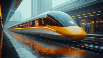Poster - A futuristic high speed train stands ready to depart from a sleek urban railway station. Raindrops create reflections on the wet platform, enhancing the modern atmosphere of the infrastructure.