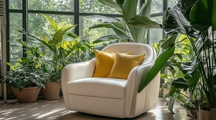Poster - White leather armchair with bright yellow pillows beside floor-to-ceiling windows framed by lush green plants in morning sunlight, creating a cozy and inviting modern living space for relaxation, read