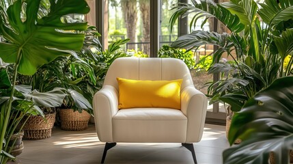 Poster - White leather armchair with bright yellow pillows beside floor-to-ceiling windows framed by lush green plants in morning sunlight, creating a cozy and inviting modern living space for relaxation, read
