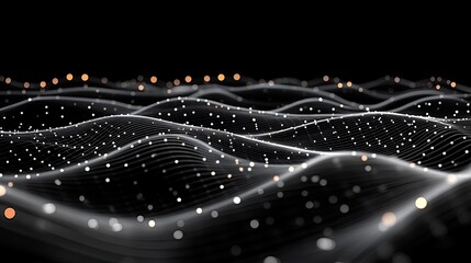 Fototapete - Abstract representation of a futuristic network with glowing lines and a shiny silver mesh surface in a dark digital expanse