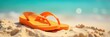 © Baillm - Two pairs orange flip-flops, sun-kissed beach sand, holiday, summer, sunny