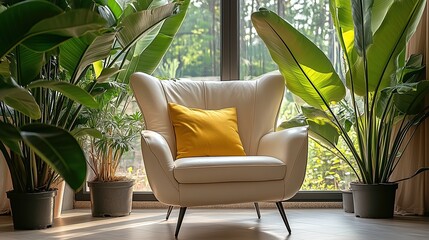 Poster - White leather armchair with bright yellow pillows beside floor-to-ceiling windows framed by lush green plants in morning sunlight, creating a cozy and inviting modern living space for relaxation, read