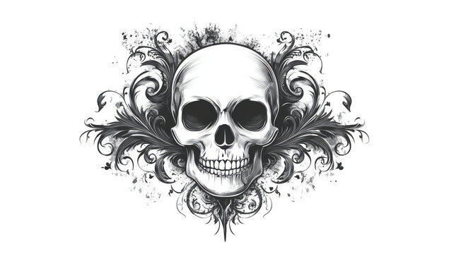 Gothic skull design with floral swirls, t-shirt vector graphic art illustration, clipart isolated on a white background, png