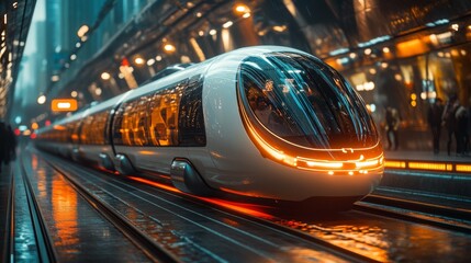 Poster - A high speed maglev train is stationed at a bustling urban rail hub, showcasing automated systems and sleek design while passengers await departure in the illuminated surroundings.
