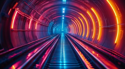 Poster - Vibrant colored lights illuminate the interior of a highspeed railway tunnel as the tracks stretch into the distance, showcasing modern transportation technology and infrastructure.
