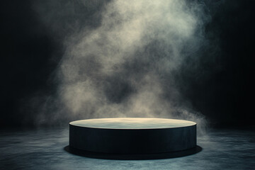 Poster - A round platform on a dark floor with smoke rising from behind it in a dark and moody atmosphere