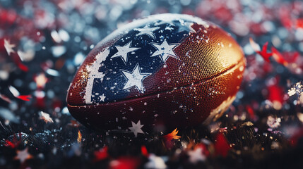 Poster - A close up of an american football with stars and stripes design surrounded by confetti and bokeh lights