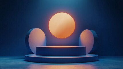 Poster - A minimal stage with glowing circle and semi circles in shades of blue and orange color scheme