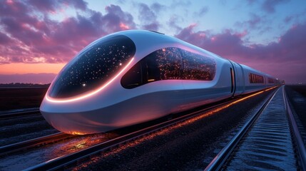 Leinwandbilder - A state of the art maglev train stands ready on railway tracks, illuminated by the colors of the sunset with a futuristic design emphasizing speed and efficiency for urban transportation.