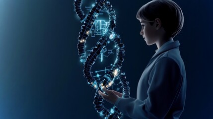Poster - Futuristic AI medical facility featuring advanced DNA research with a male subject