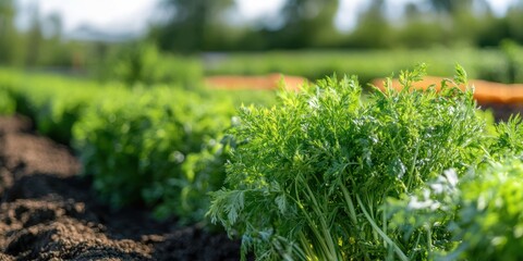 Poster - bright green carrot top on a farm 