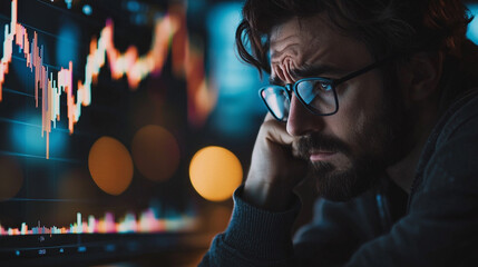 Poster - Man with glasses looking at stock chart with worried expression in a dark room environment close up