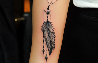 Poster - Close up of a feather tattoo with beads on a person's arm against a dark blurred background