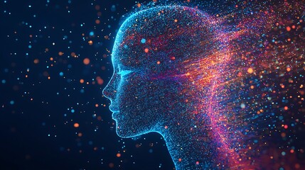 Poster - Ethereal Digital Representation of a Female Face with Colorful Particles