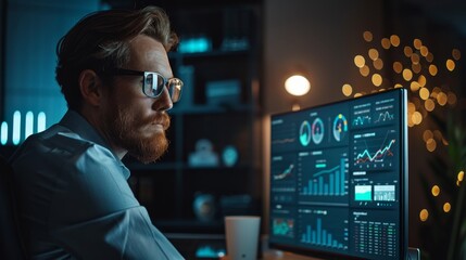 Poster - Business analyst reviewing data insights and trends during late night work session