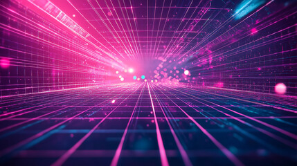 Poster - Pink and blue grid with glowing lights creating a futuristic and abstract perspective background effect