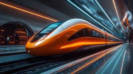Poster - A high speed maglev train approaches a contemporary underground station, highlighted by sleek lines and illuminated surfaces, reflecting advancements in transportation and mobility.