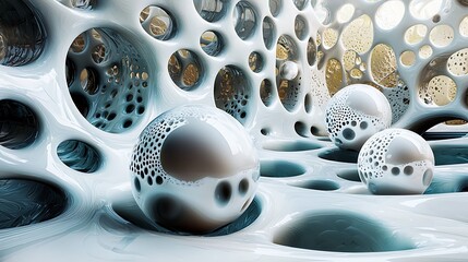 Poster - Abstract white organic structure with spheres and hollow spaces