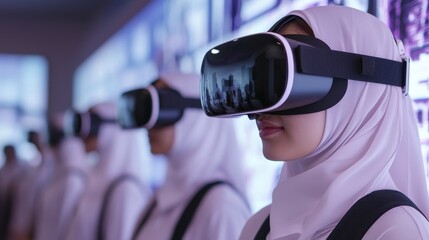 Poster - A group of individuals wearing VR headsets, showcasing technology in a modern, immersive environment.