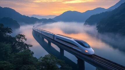 Aufkleber - A sleek high speed train glides over a bridge at dawn, surrounded by mountains and mist, illustrating the integration of transportation and natures beauty.